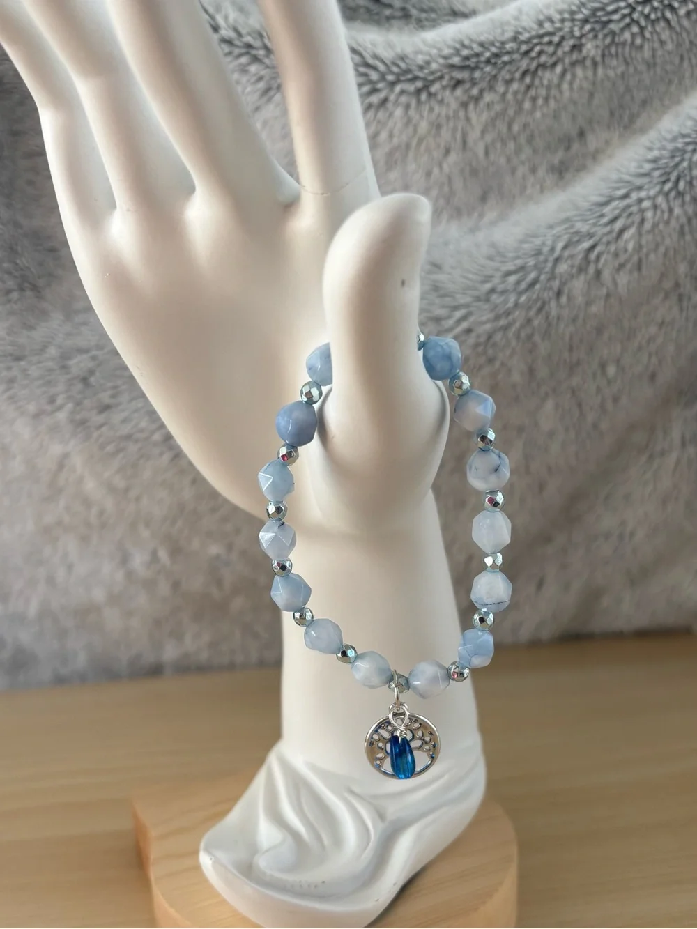Blue Chalcedony & Blue Hematite Bracelet with Tree of Life